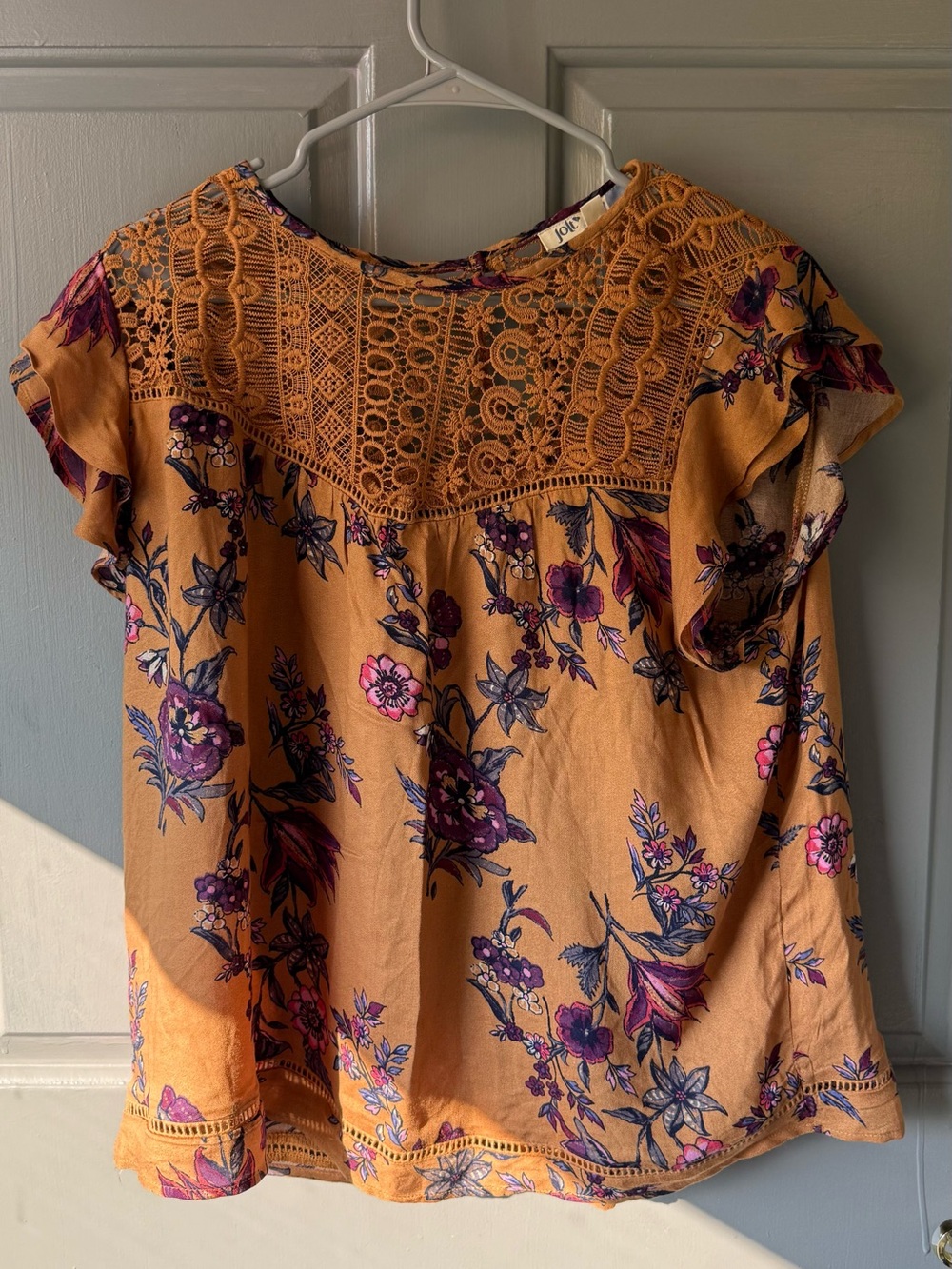 Jolt Mustard Floral Lace-Yoke Short Sleeve Blouse